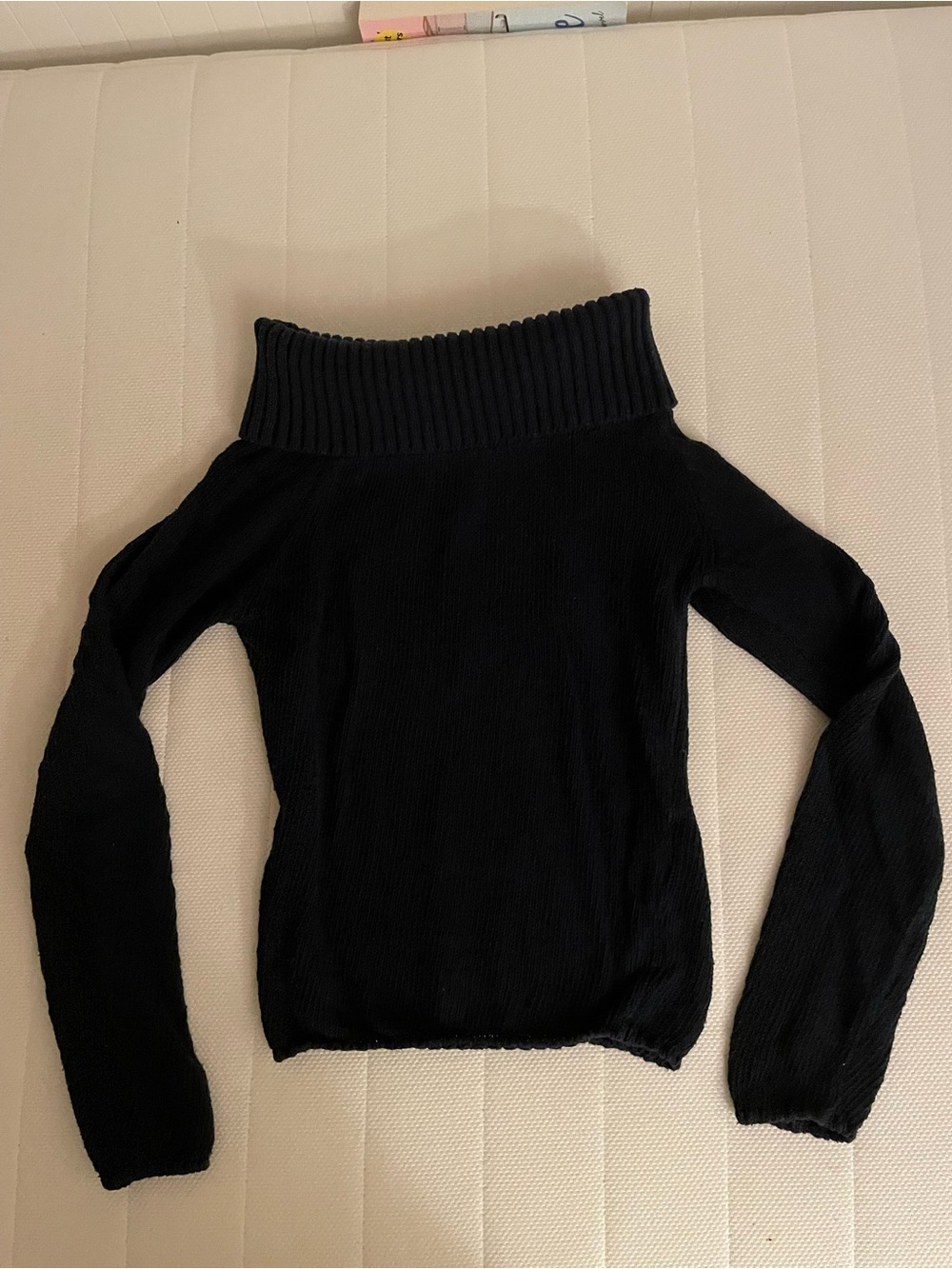 Off-Shoulder Black Ribbed Fold-Over Neck Sweater